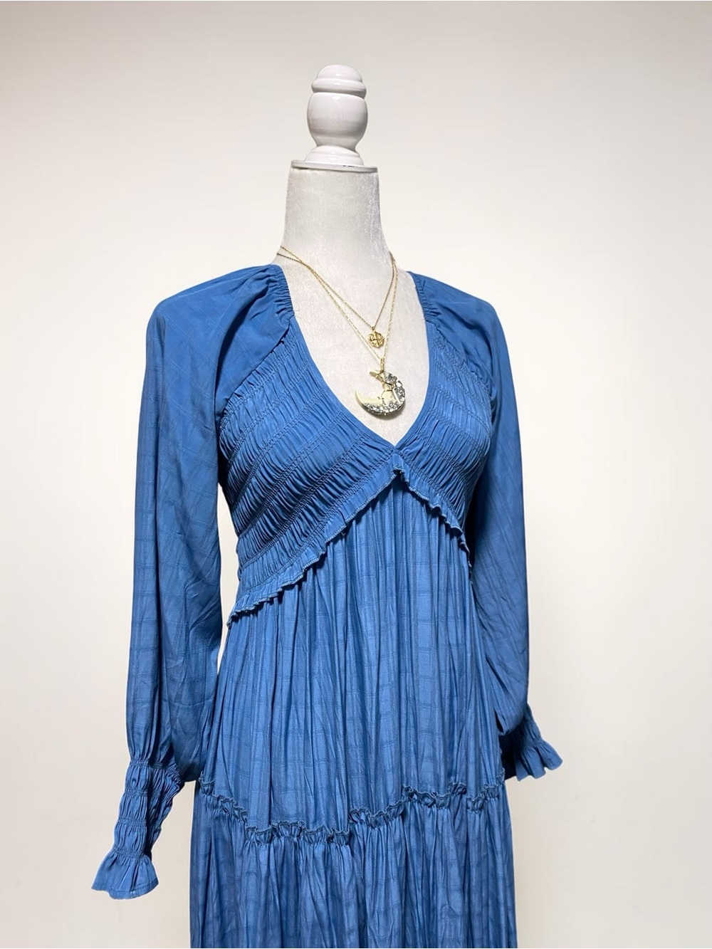 R. Vivimos Blue Long Sleeve Maxi Dress Boho Flowy Layered Ruffle Sz S NWT - Picture 4 of 9